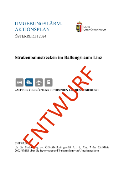 Titelseite des Aktionsplans für Straßenbahnen im Ballungsraum Linz mit dem Wasserzeichen "Entwurf"